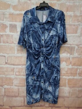 NWT Ruched Blue Denim-Print Button-Front Dress